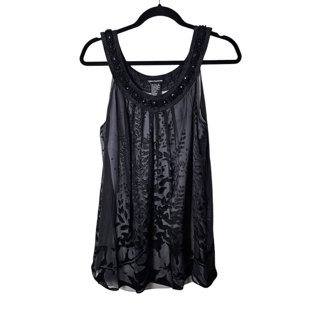 VTG Quotation S Silk Rayon Camisole Burnout‎ Velvet Black Beaded Lined Y2K